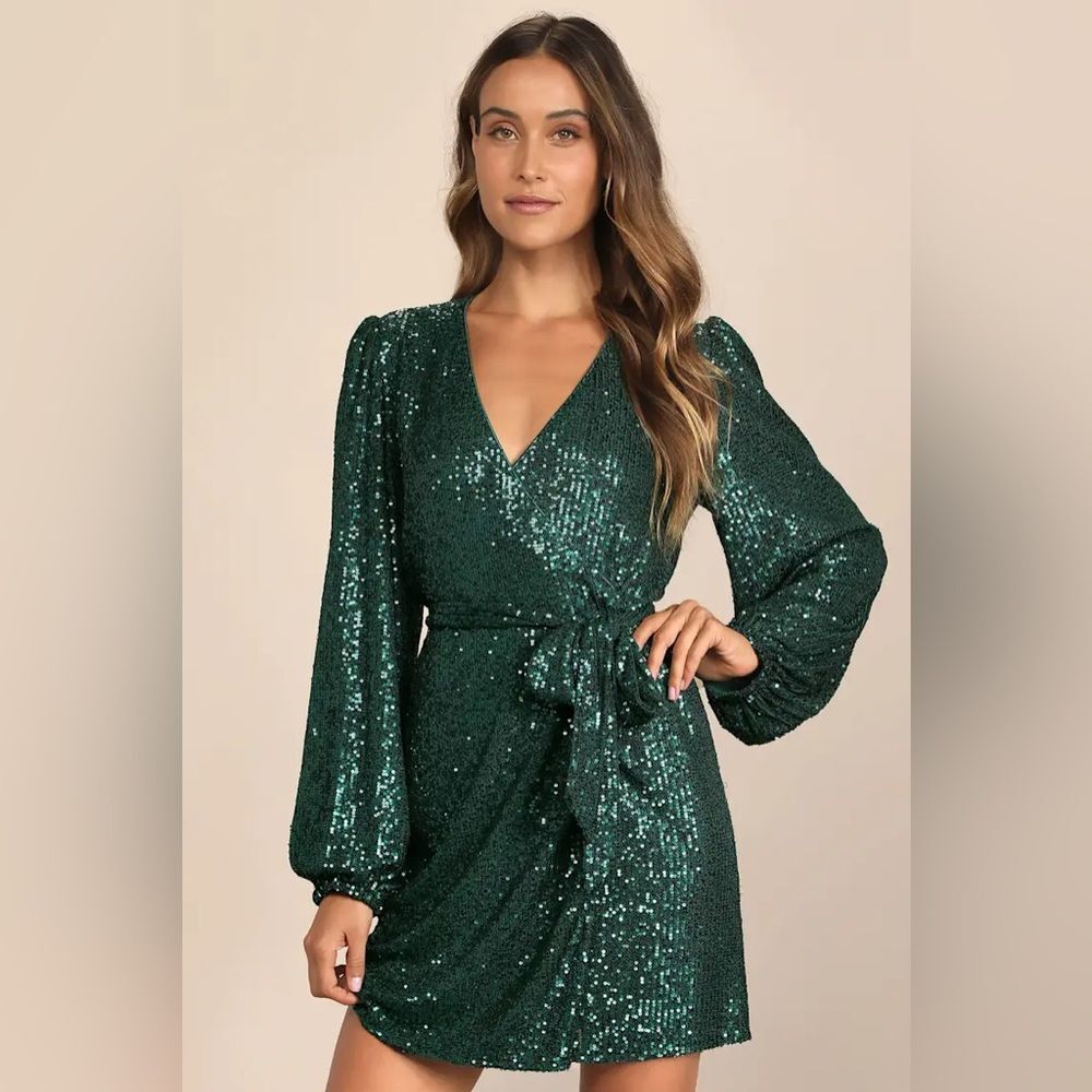 Lulus Sparkly Darling Emerald Green Sequin Long Sleeve Wrap Dress